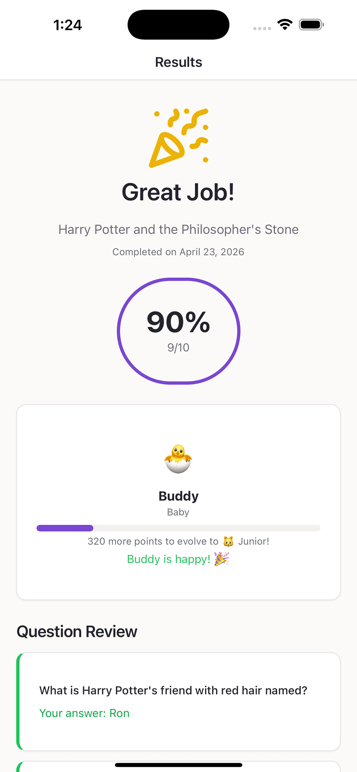 Quiz results — 90%